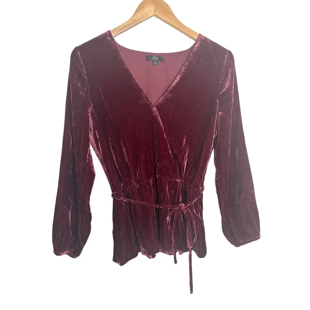 J.Crew Burgundy Velvet Wrap Style Peplum Top Tie Waist Long Sleeve Size 4